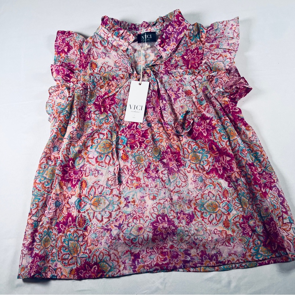 VICI Exclusive x FATE Pink Floral Paisley Ruffle Neck Cotton Blouse XS NWT